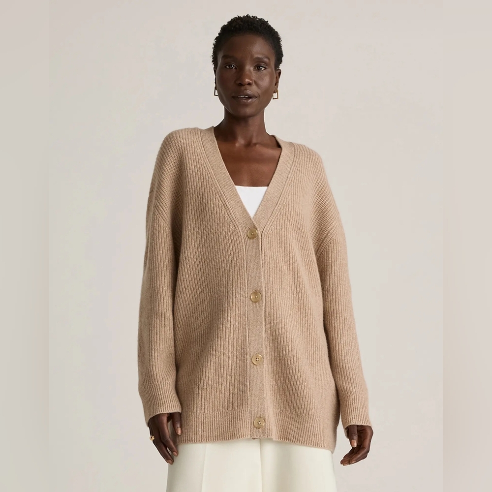 Quince Beige Ribbed V-Neck Button Cardigan